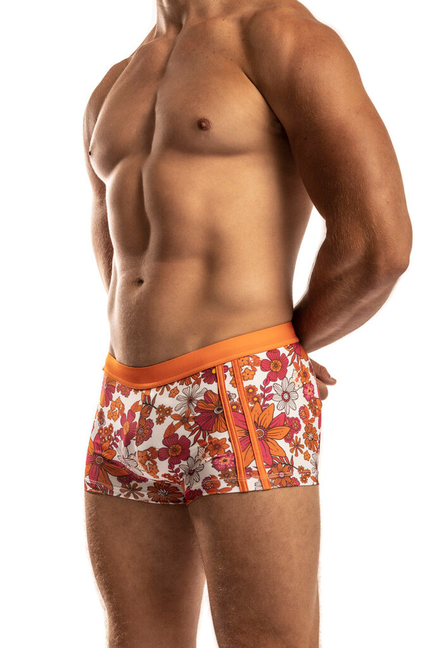 CityBOYZ USA Jack Adams Bali swim trunk with vibrant orange and pink floral pattern, featuring a relaxed fit and quick-drying fabric.