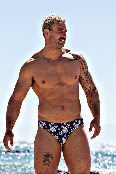 CityBOYZ USA Jack Adams Hanalei Bay low-rise 1-inch swimsuit swim brief with vibrant print and comfortable fit, perfect for beachwear.