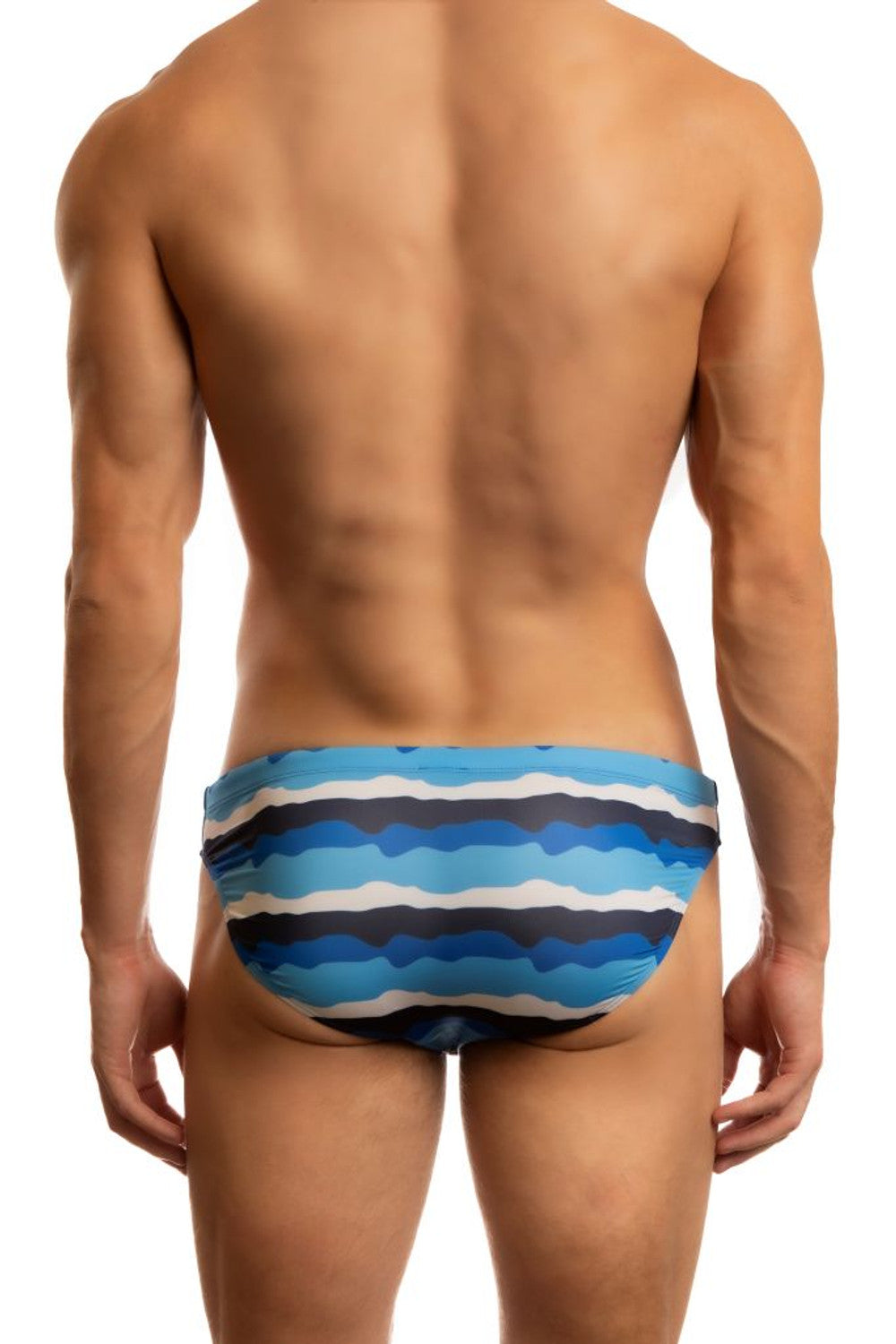 Blue Jack Adams Zanzibar low-rise 1-inch swimsuit with wave pattern, shown from the back, by CITYBOYZ USA.
