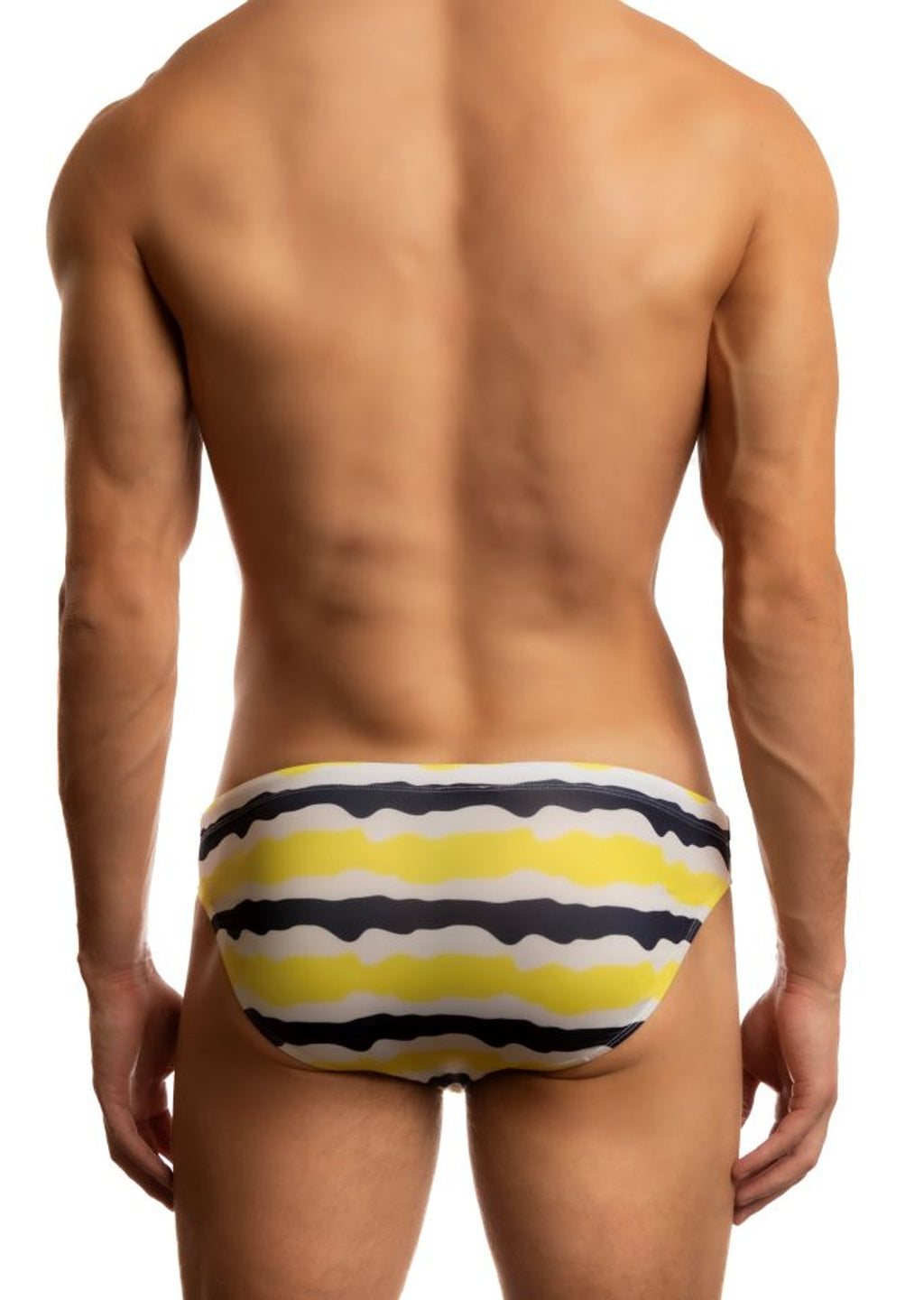 Yellow Jack Adams Zanzibar low-rise 1-inch swimsuit from CITYBOYZ USA, shown from the back with wave pattern design.