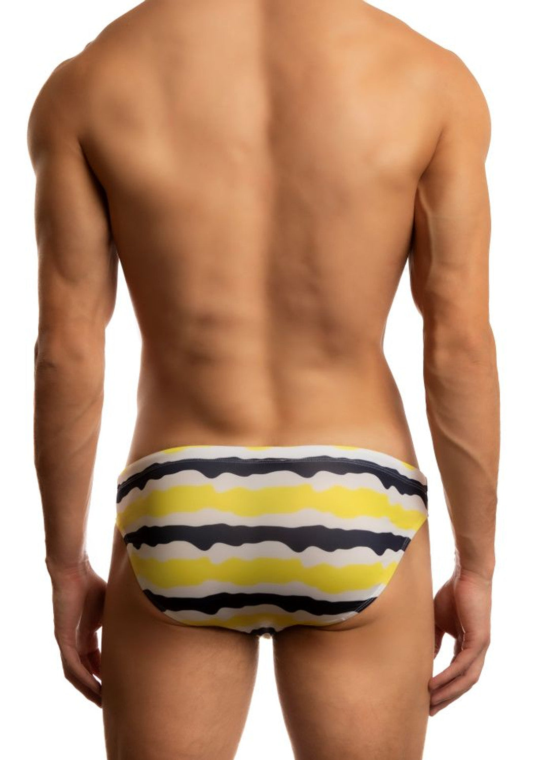 Yellow Jack Adams Zanzibar low-rise 1-inch swimsuit from CITYBOYZ USA, shown from the back with wave pattern design.