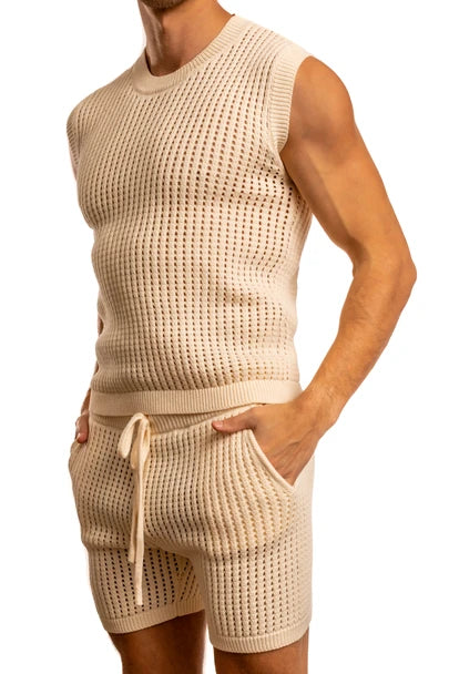 CityBOYZ USA Jack Adams Roddy crochet knit tank top featuring a textured chocolate-colored design and sleeveless style.