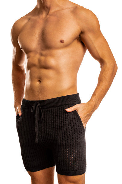 Black Jack Adams Roddy crochet knit shorts by CITYBOYZ★USA, featuring a textured crochet design and a relaxed fit.