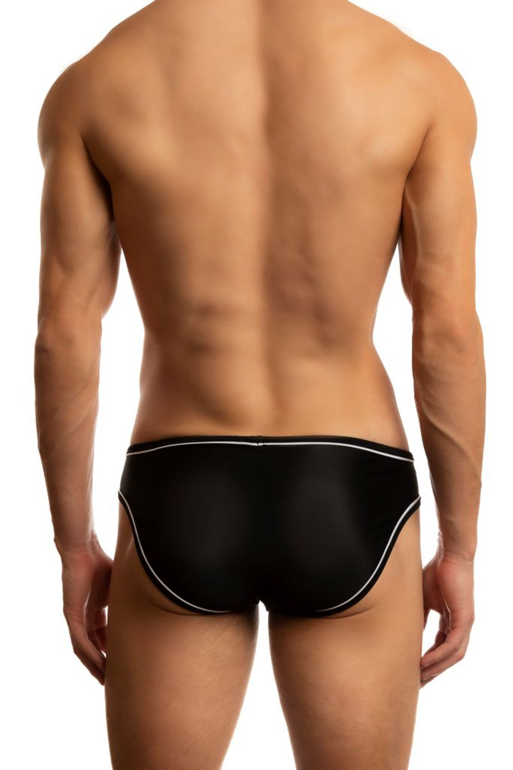 Black and white Jack Adams Iconic low-rise swim brief by CITYBOYZ★USA, showcasing the back view and sleek design.