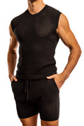 Black Jack Adams Roddy crochet knit tank top by CITYBOYZ USA, featuring intricate crochet details and a sleeveless design.