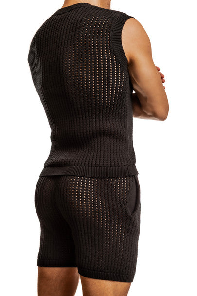 Black Jack Adams Roddy Crochet Knit Tank Top featuring a sleeveless design and textured crochet pattern, by CITYBOYZ★USA.