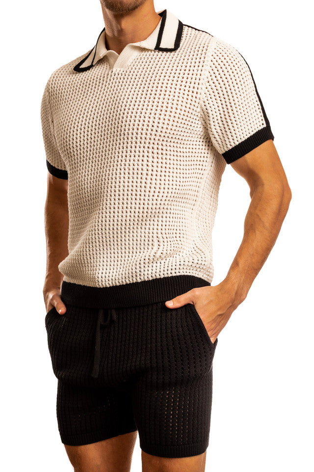 White Jack Adams Matteo crochet knit pullover shirt with collar, styled in a profile view, from CITYBOYZ USA.