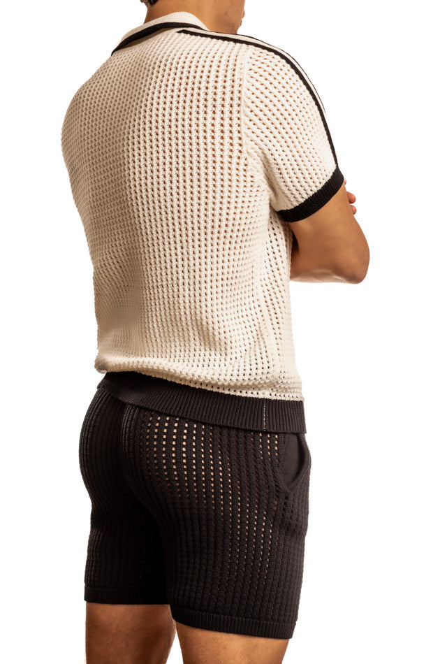 White Jack Adams Matteo crochet knit pullover shirt with collared design, showcased from the back.
