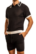 Black Jack Adams Matteo crochet knit pullover shirt with collared neckline, styled on a model in profile view.