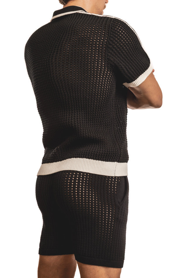 Black Jack Adams Matteo crochet knit pullover shirt with collared design, worn by a model, showcasing a casual streetwear style.
