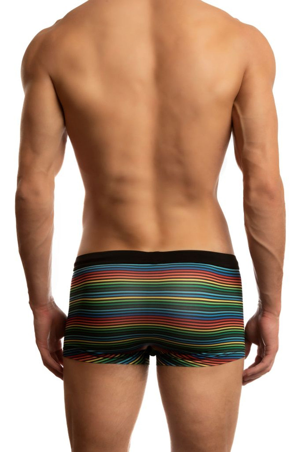 Jack Adams World Pride Bali Cut swim trunk by CITYBOYZ★USA featuring rainbow rainbow design and back view.