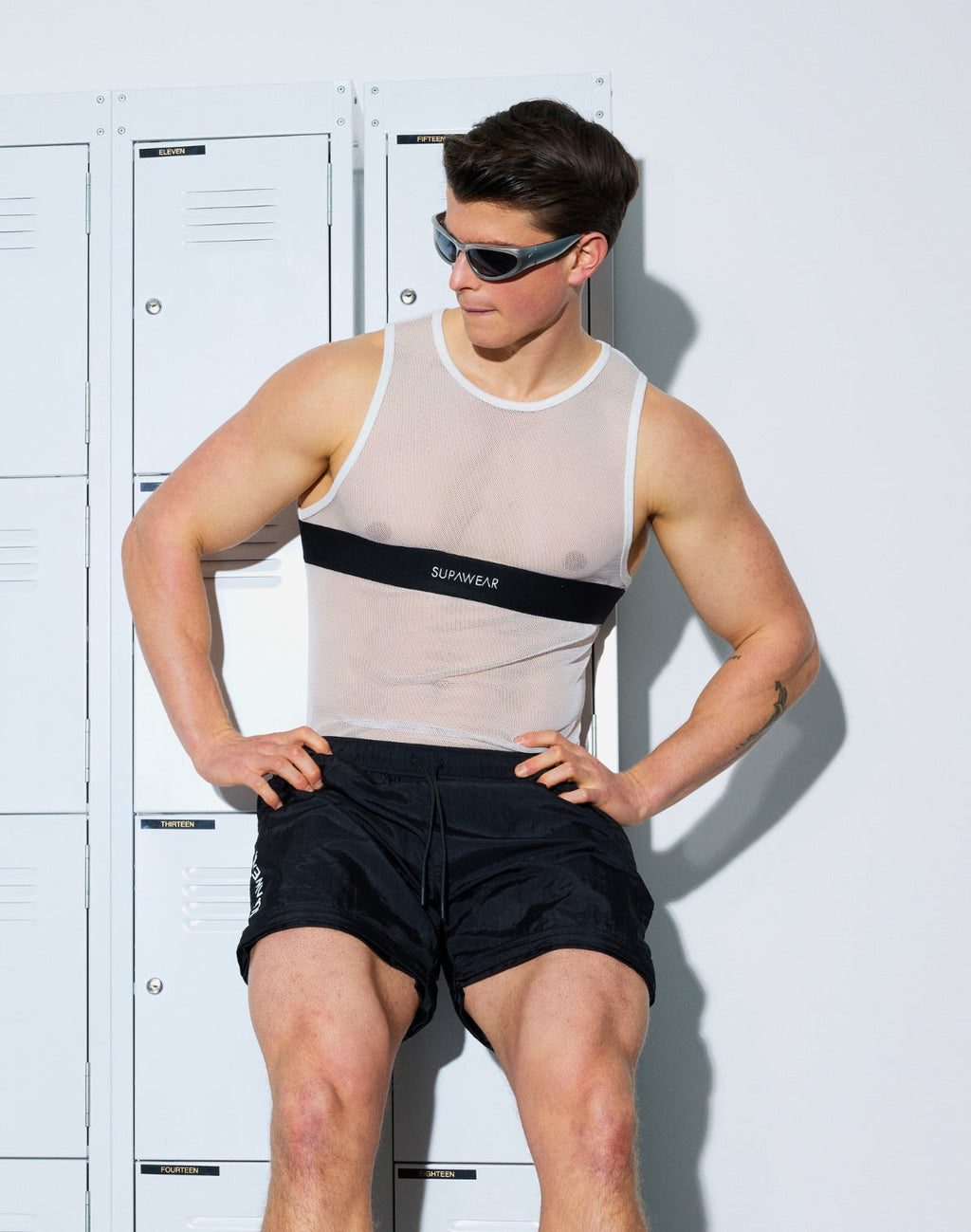 White mesh monotone tank top by CITYBOYZ★USA featuring dual-tone design and sleeveless fit, ideal for casual or athletic wear.
