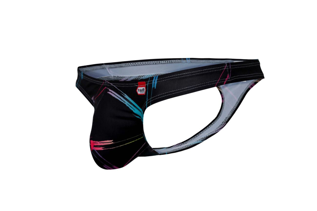 Black Pikante Nucleus Thong by CITYBOYZ★USA, featuring a sleek design and minimal coverage, displayed on a mannequin.