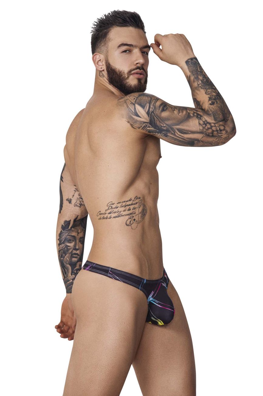Black Pikante Nucleus Thong by CITYBOYZ USA, showcasing a sleek and minimalistic design with thin straps and a comfortable fit.