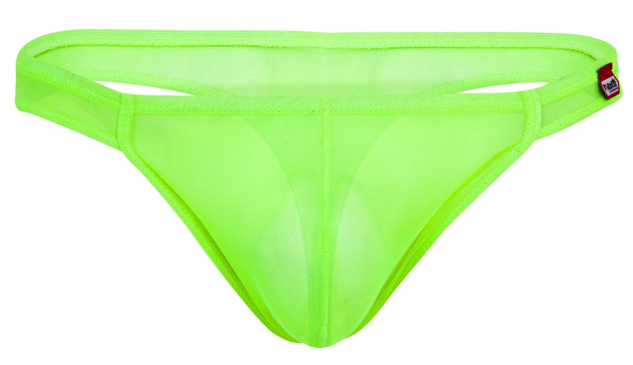 Neon green Pikante amusing men's thong by CITYBOYZ★USA featuring sheer mesh briefs, showcasing the snug fit and lightweight fabric.
