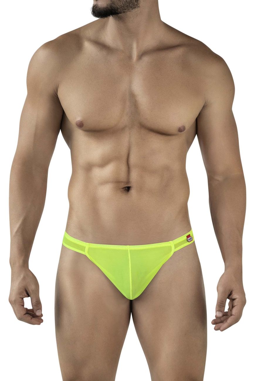 Neon green Pikante amusing thong by CITYBOYZ★USA featuring sheer mesh briefs for men, showcasing a bold and playful design.
