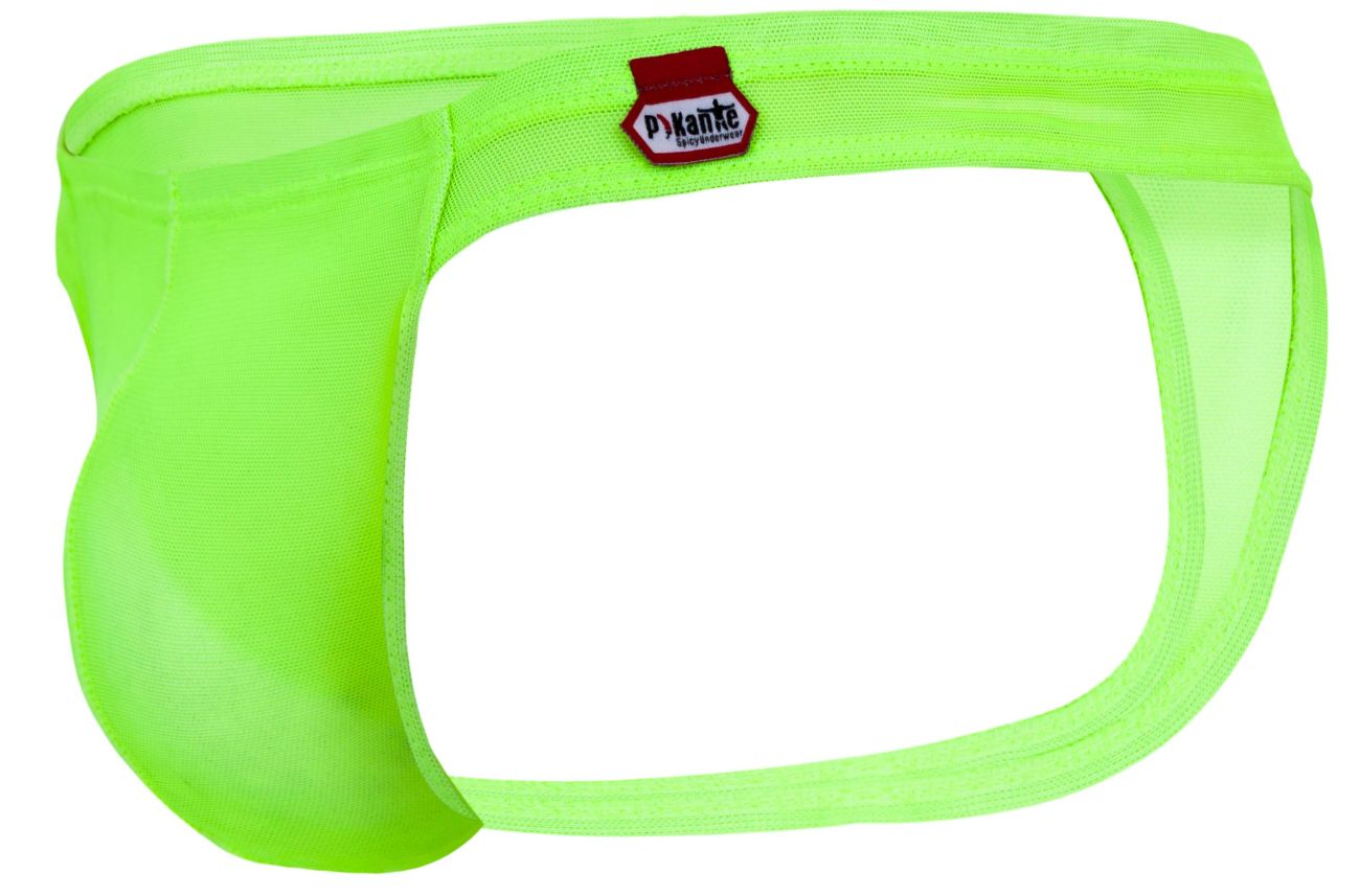 CityBOYZ USA Pikante neon green sheer mesh men's thong with comfortable fit and bold design.