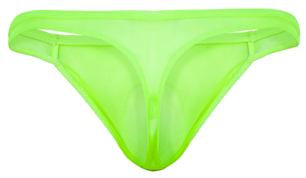 Neon green Pikante amusing thong by CITYBOYZ★USA featuring sheer mesh briefs for men, shown on a model.