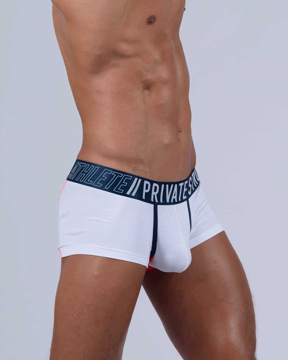 White CITYBOYZ★USA Private Structure athlete trunk with sporty design and comfortable fit, shown on a model.