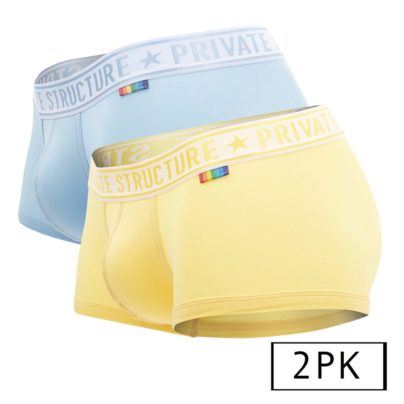 Private Structure mid-waist men's trunks in yellow and blue, featuring a comfortable fit and stylish design by CITYBOYZ USA.