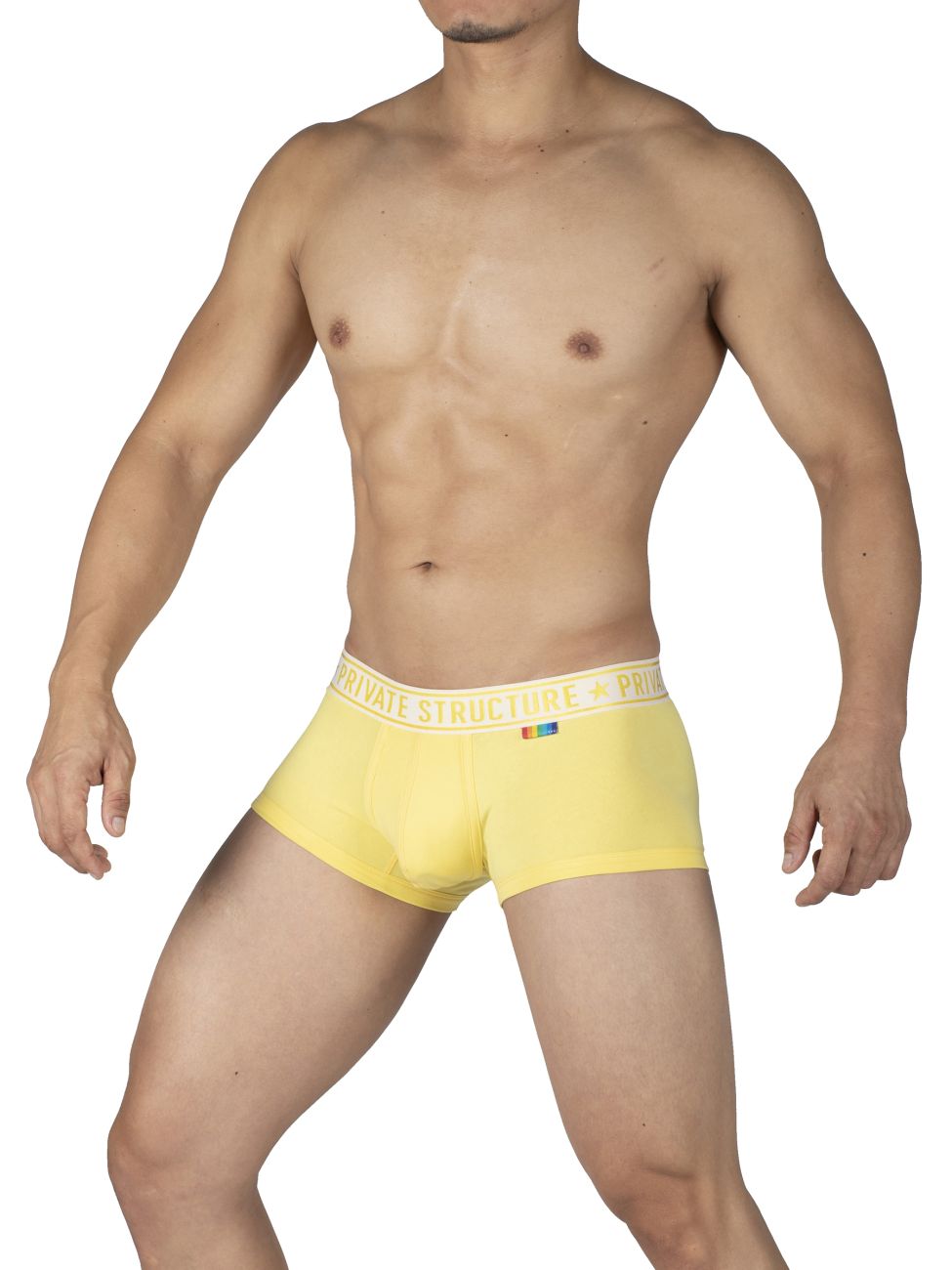 Pair of CITYBOYZ USA private structure mid-waist trunks in yellow and blue, showcasing comfortable fit and vibrant colors.