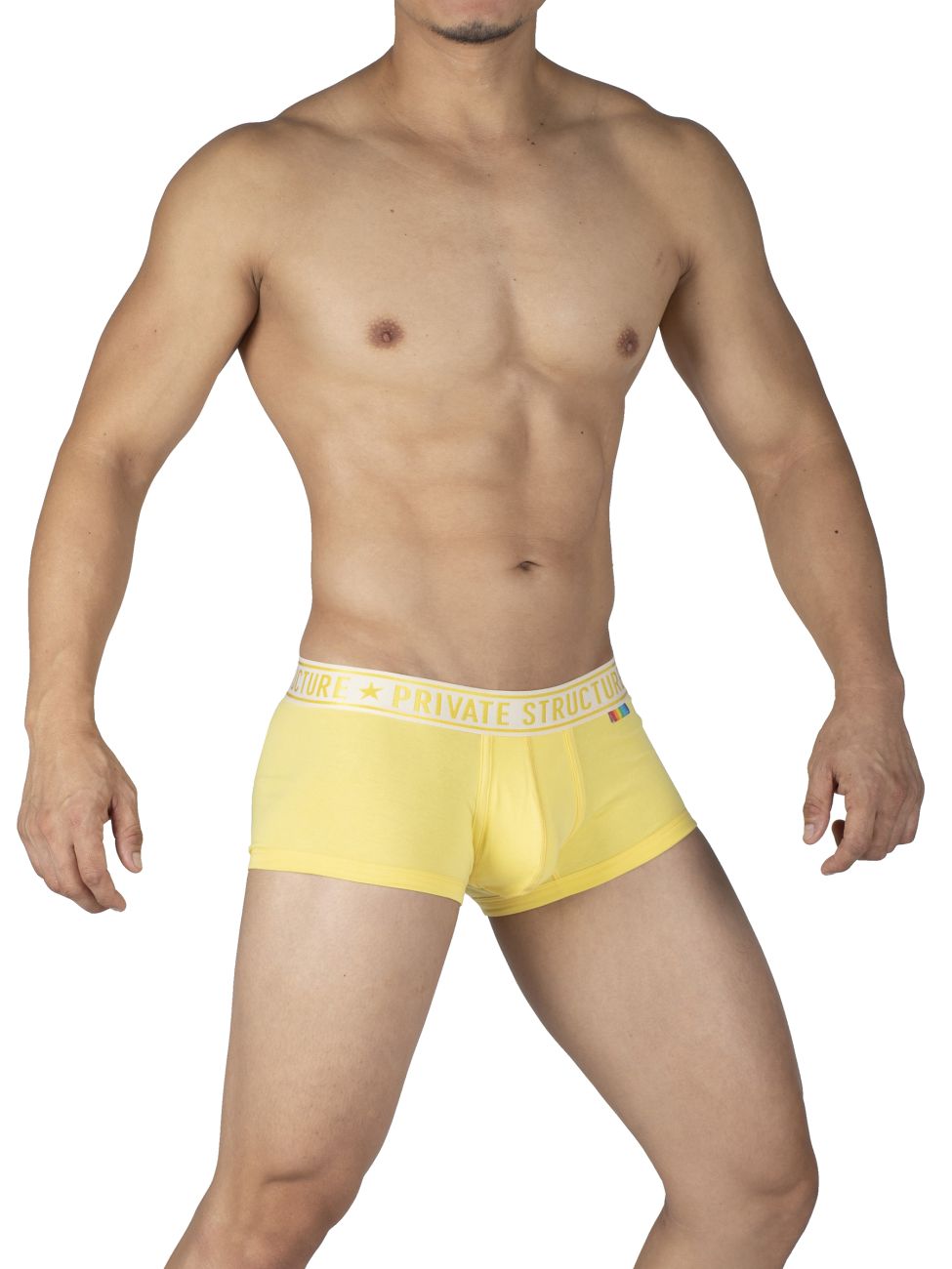 Pair of CITYBOYZ USA men's private structure mid-waist trunks in yellow and blue, shown folded with waistband visible.