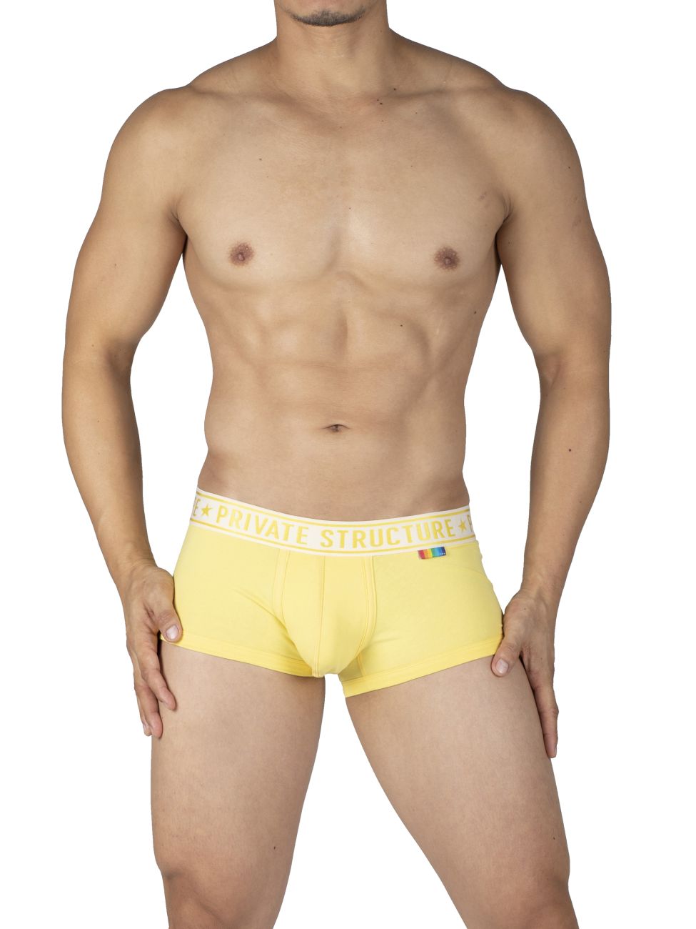Two pairs of CITYBOYZ USA private structure mid-waist trunks in yellow and blue, displayed flat with waistband and leg openings visible.