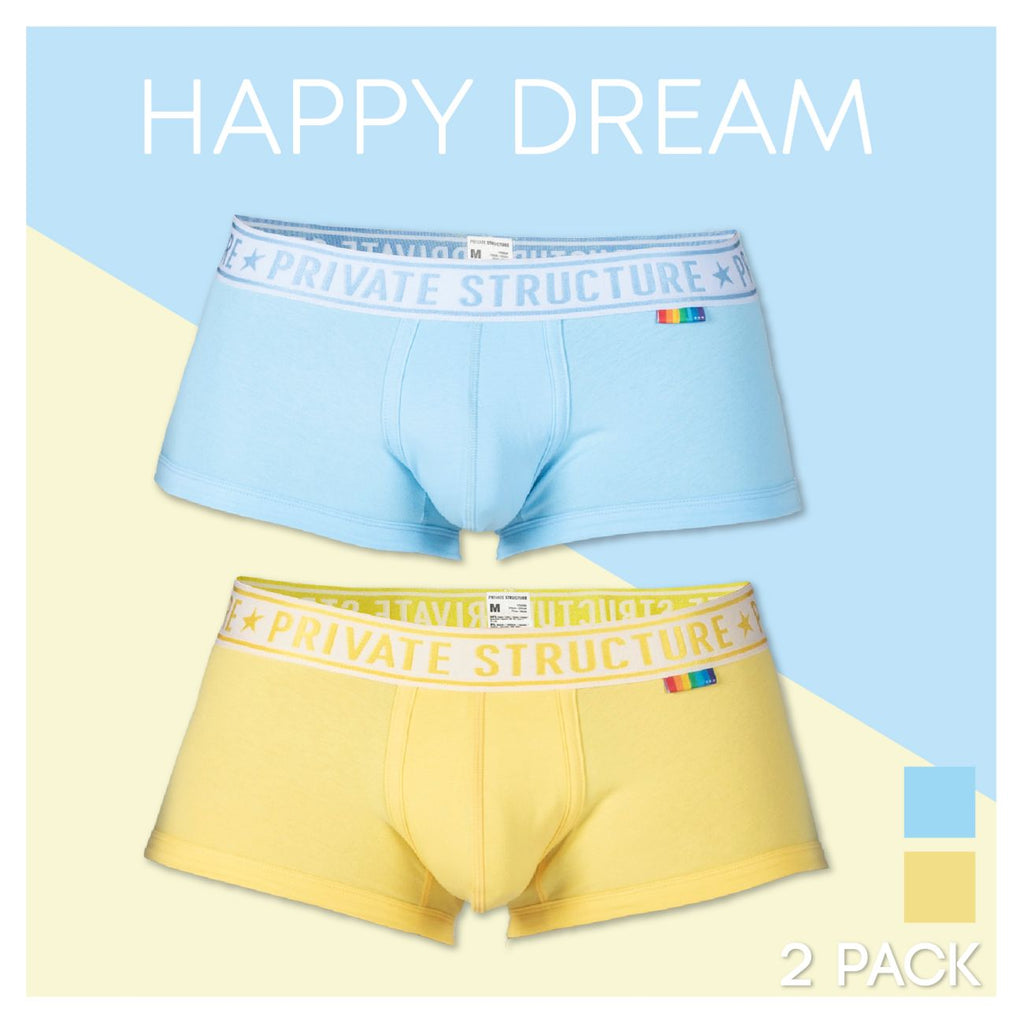 Yellow and blue private structure mid-waist trunks from CITYBOYZ★USA, showing the comfortable fit and vibrant design.