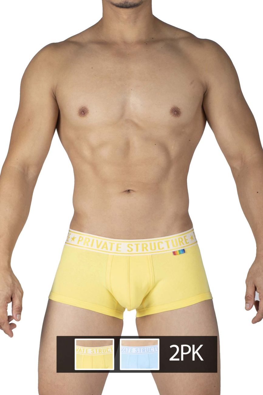 Pair of CITYBOYZ★USA Private Structure mid-waist trunks in yellow and blue with a comfortable fit and stylish design.