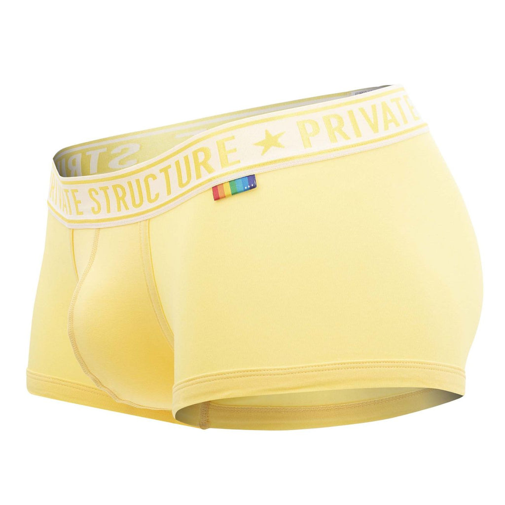 Private Structure mid waist men's trunks in yellow and blue, 2-pack by CITYBOYZ★USA, shown with elastic waistband and vibrant colors.