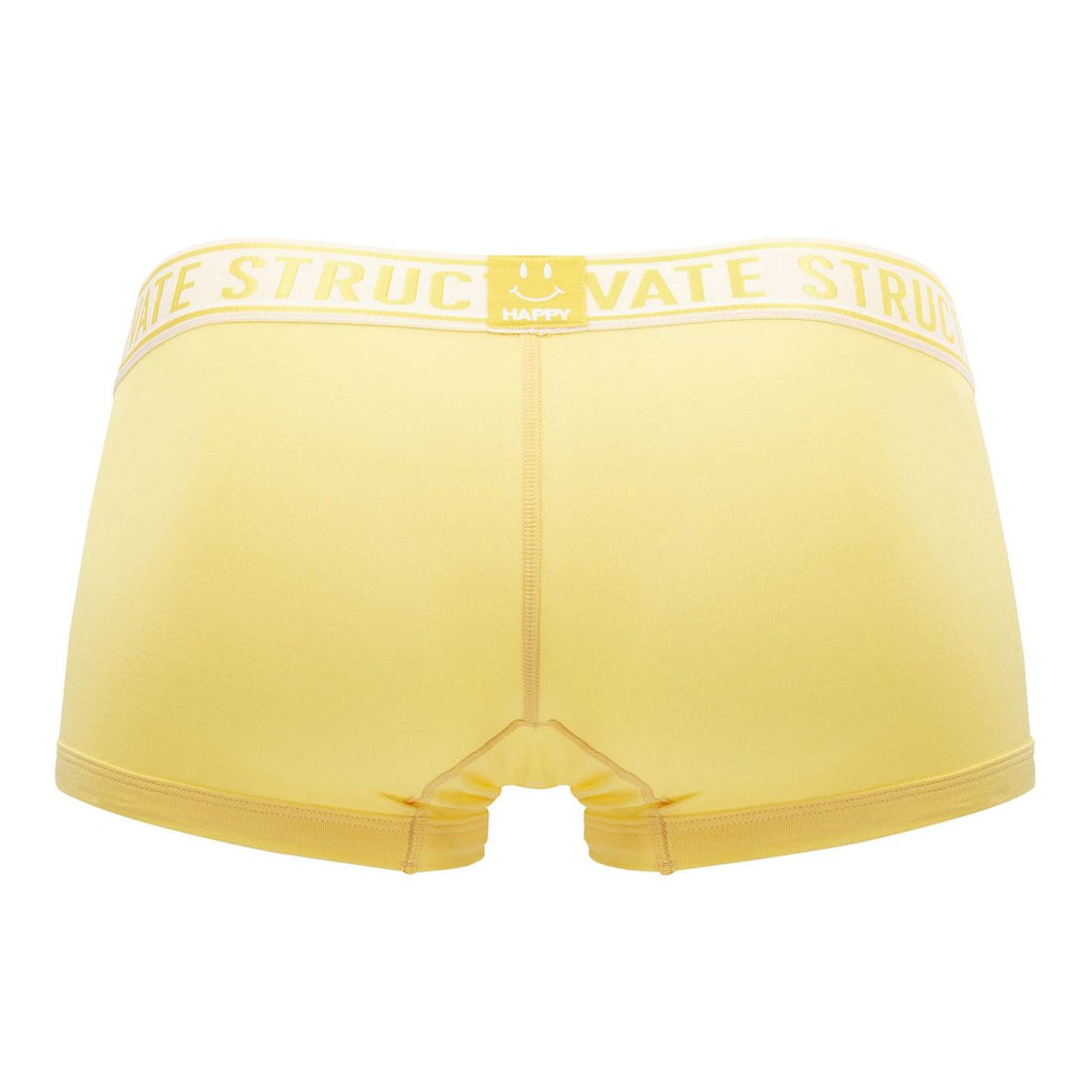 Pair of CITYBOYZ USA private structure mid-waist trunks in yellow and blue, showing the colorful waistband and fabric details.