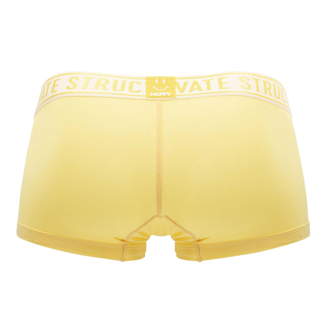 Pair of CITYBOYZ USA private structure mid-waist trunks in yellow and blue, showing the colorful waistband and fabric details.