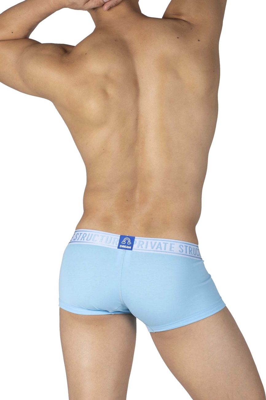 Pair of CITYBOYZ USA private structure mid-waist trunks in yellow and blue, displayed laid flat with elastic waistband and branding.