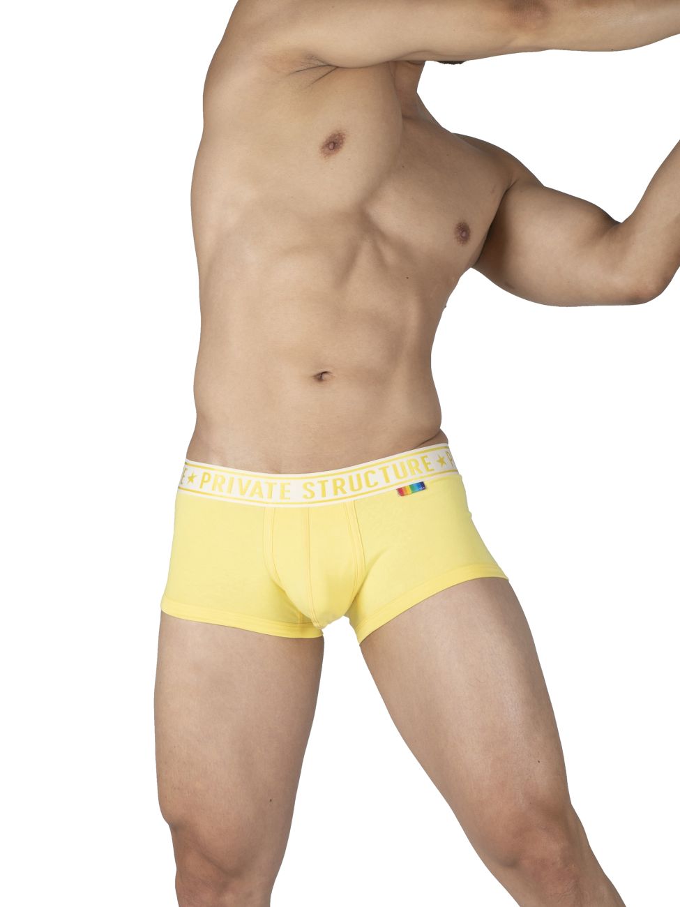 Pair of CITYBOYZ USA Private Structure mid-waist trunks in yellow and blue, shown folded with waistband and colorful fabric.