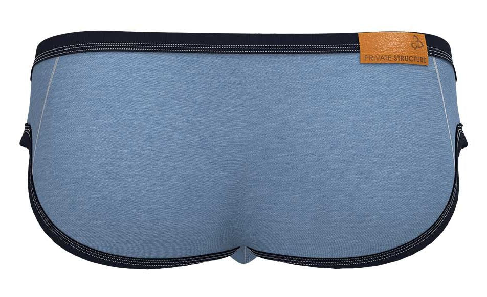 Private Structure Barn Boy low rise mini briefs by CITYBOYZ USA in denim fabric, displayed on a flat lay with focus on the underwear design.
