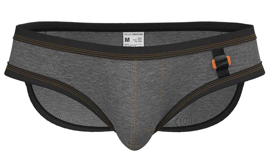 Stone gray Private Structure Barn Boy low rise mini brief underwear by CITYBOYZ★USA, shown on a model.