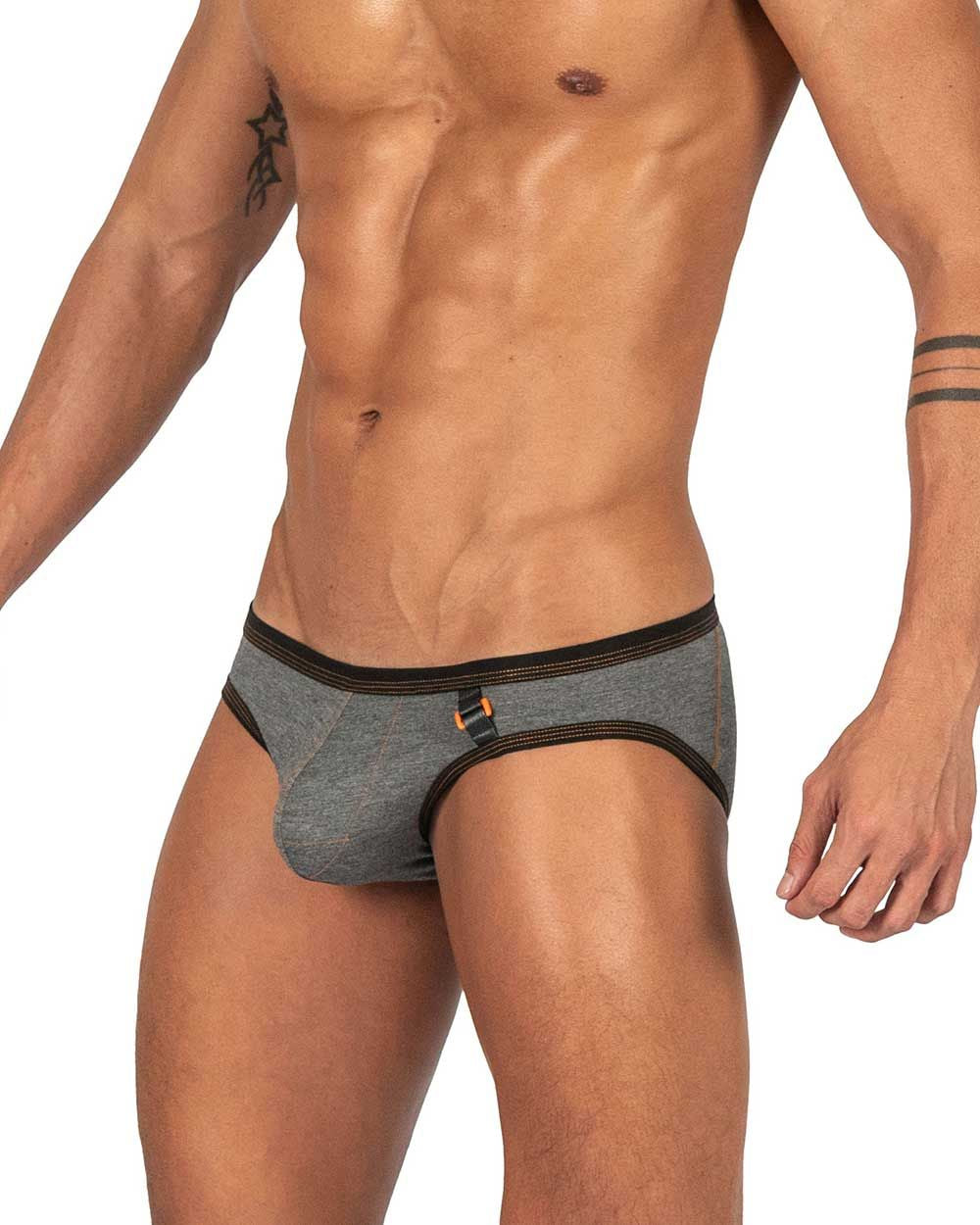 Private Structure Barn Boy low rise mini briefs by CITYBOYZ★USA in stone gray, showing the underwear's fit and fabric details.