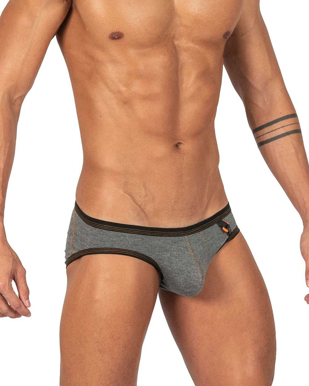 Stone gray low-rise mini brief underwear by CITYBOYZ★USA, showcasing the private structure design and comfortable fit.