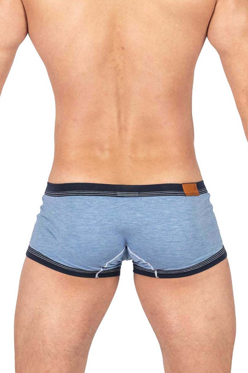 Private Structure Barn Boy low rise trunk underwear in denim, featuring a close-up of the stylish, comfortable waistband and fabric details.