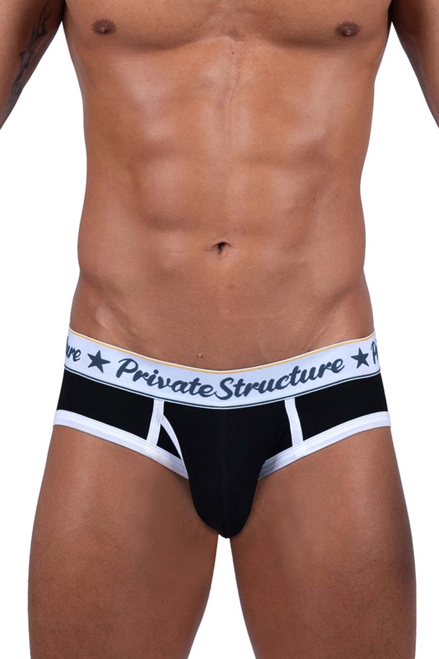 Black Private Structure Classic mid-waist mini brief underwear by CITYBOYZ★USA, shown on a model.