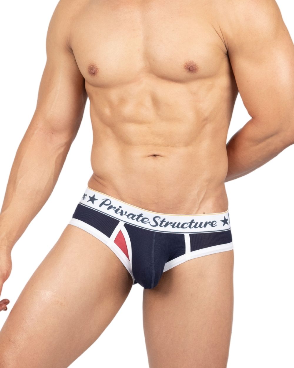 Navy private structure classic mid waist mini brief underwear by CITYBOYZ USA, close-up view of the fabric and waistband.