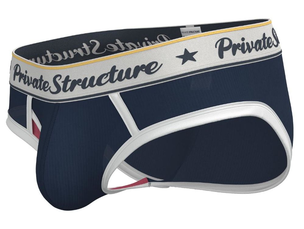 Navy private structure classic mid waist mini brief underwear by CITYBOYZ USA, shown on a model.