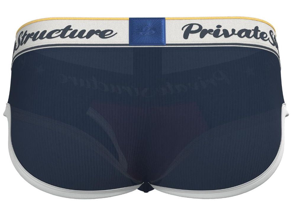 Private Structure classic navy mid-waist mini brief underwear by CITYBOYZ USA, showing the soft fabric and comfortable fit.