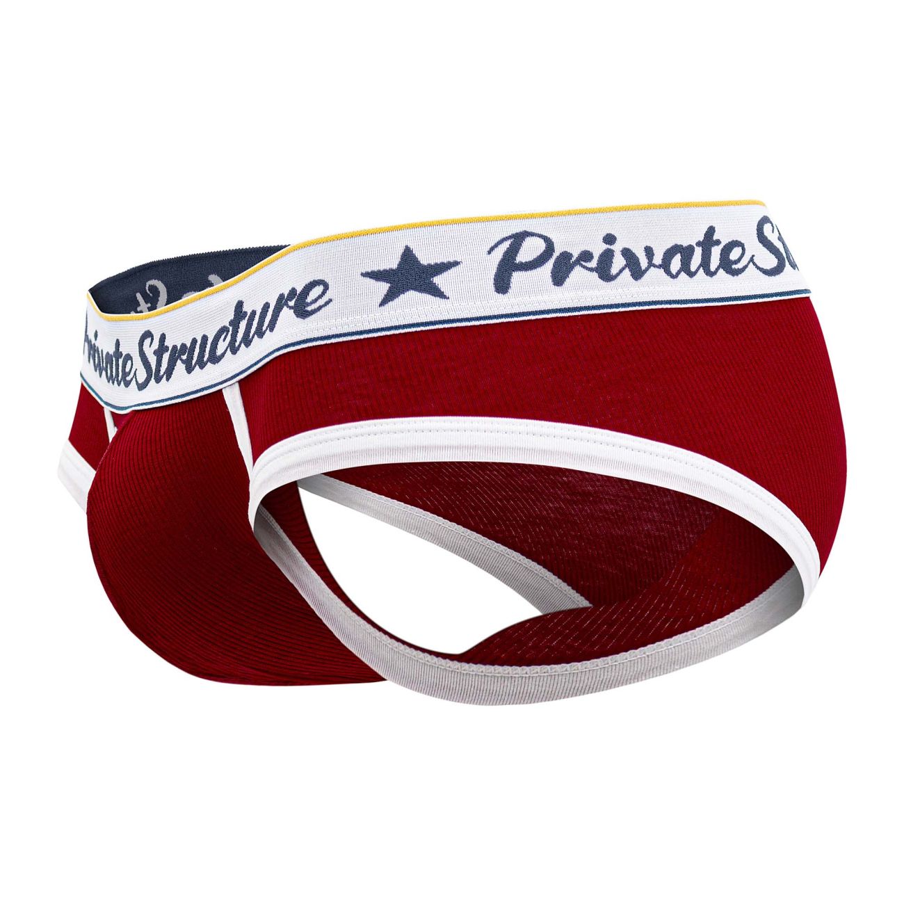 Red Private Structure Classic Mid Waist Mini Brief underwear by CITYBOYZ★USA, shown on a flat lay with elastic waistband and smooth fabric.