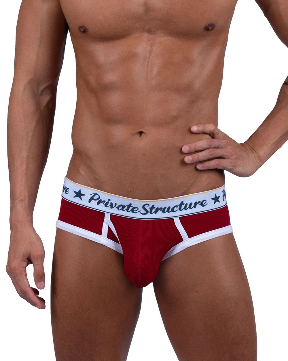 Red Private Structure Classic Mid Waist Mini Brief underwear by CITYBOYZ USA, featuring a comfortable fit and sleek design.