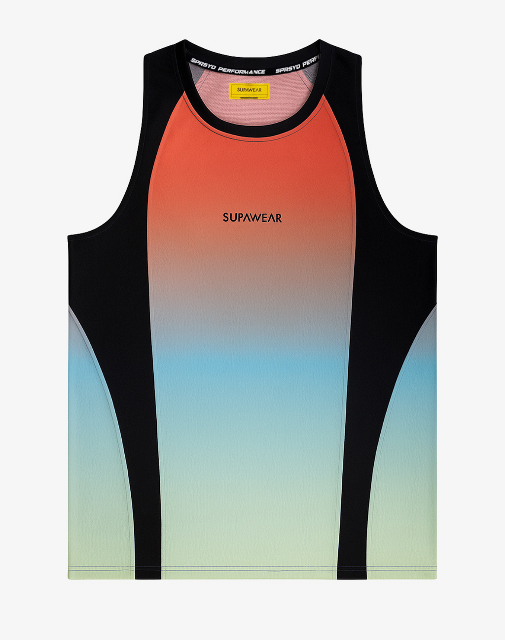 Rainbow gradient Supawear SPR Performance tank top by CITYBOYZ★USA, featuring a sleeveless athletic design and vibrant colors.