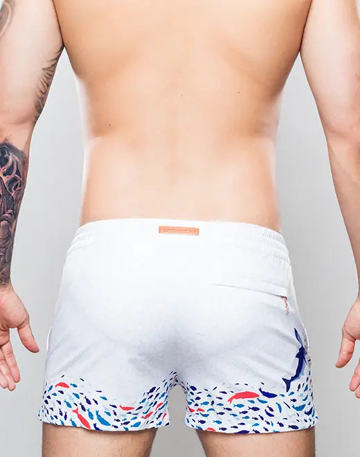 CITYBOYZ★USA 2Eros Seascape Swim Shorts featuring vibrant ocean-inspired print and comfortable fit for active beachwear.