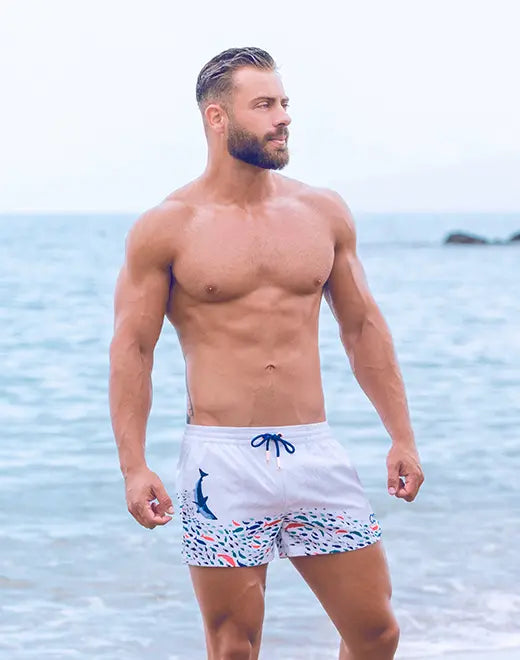 CITYBOYZ★USA 2Eros Seascape swim shorts with ocean-inspired print, lightweight fabric, and comfortable fit for beach or pool wear.