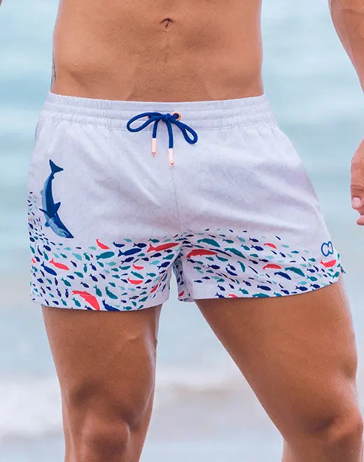 Blue seascape pattern CITYBOYZ★USA 2Eros swim shorts with elastic waistband and drawstring for a comfortable fit