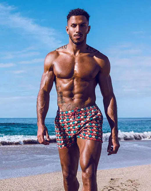 Retro red swim shorts by CITYBOYZ★USA, featuring a classic design with a comfortable fit and vibrant color scheme.